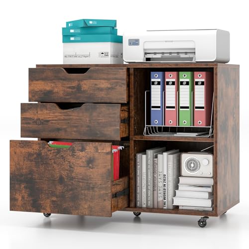 3-Drawer File Cabinet, Rolling Lateral Filing Cabinet (Rustic Brown) | Mobile Printer Stand Cabinet | Adjustable Shelf | Lockable Wheels | For Letter, A4, Legal Size | For Home Office Organization - color: Rustic Brown