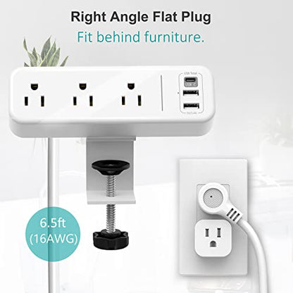 Desk Clamp Power Strip with USB C, 3 Outlets Desktop Mount Power Station with 6.5 ft Plug Extension Cord, White