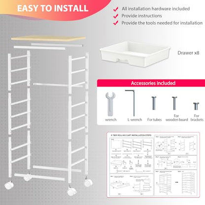 Goovilla Rolling Cart with 8 Drawers for Art, Dorm, Office, Craft, White | Utility Cart Organizer With 8 Removable Drawers and Wooden Tabletop, Lockable Rolling Storage Organizer for Classroom, Home - size: White