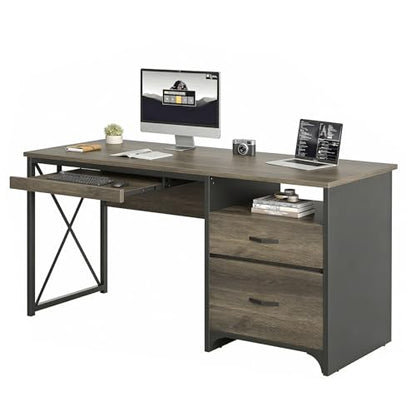Bestier Office Desk with Drawers, 55 inch Industrial Computer Desk with Storage, Wood Teacher Desk with Keyboard Tray & File Drawer for Home Office, Dark Gray Oak - color: Dark Gray Oak