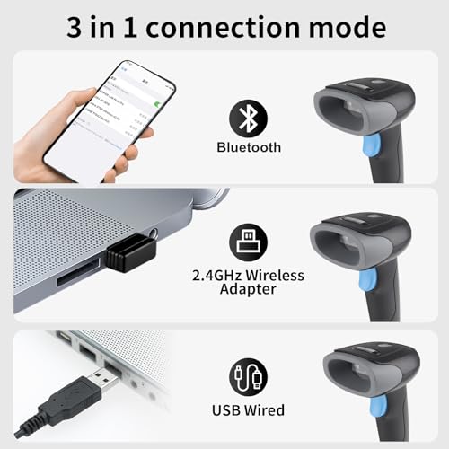 Wireless Barcode Scanner 1D QR Scanner Wireless Handheld Laser Bar Code Reader 3-in-1 with Bluetooth & 2.4G Wireless & USB Wired Works with iPad, Android Phone, iPhone, Laptop-U26 - color: Black-U26