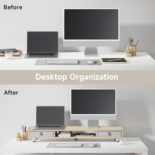 Fenge Dual Monitor Stand, 2-Tier Desk Organizer with Drawers, 42.5in, Oak - color: Oak