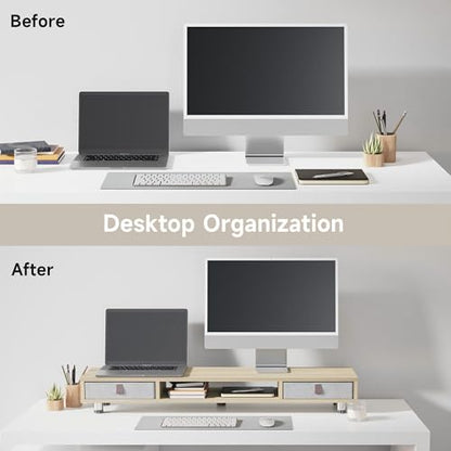 Fenge Dual Monitor Stand, 2-Tier Desk Organizer with Drawers, 42.5in, Oak - color: Oak