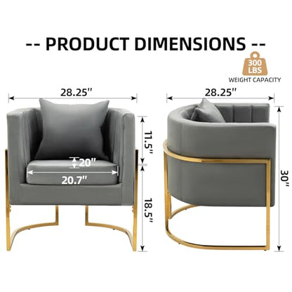 Velvet Accent Barrel Chairs Set of 2, Modern Arm Club Chair Set with Pillow for Living Room/Bedroom/Guest Reception, Channel Tufted, Gold Finish Base, Grey - color: Grey, size: 2 PCS