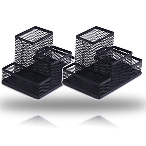 2 Packs Desk Organizer Desktop Mesh Pen Pencil Holder Caddy with 4 Compartments, Office Home School Classroom Accessories Cool Supplies (2Pcs Black) - color: 2Pcs Black