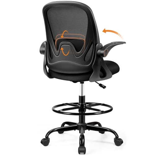 Drafting Chair Tall Office Chair with Flip-up Armrests, Adjustable Height, and Enhanced Lumbar Support - Ergonomic Rolling Stool, Back Support, and Adjustable Foot Rest Ring for Standing Desk Black - color: Black, size: 934W-Z