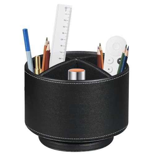 360°Rotatable TV Remote Control Holder with 4 Compartments Desk Accessories | Bedside Table Remote Caddy, Desktop Storage Box, Art Supply Organizer for Controllers, Pen, Makeup Brush, Office Home Décor - color: Black