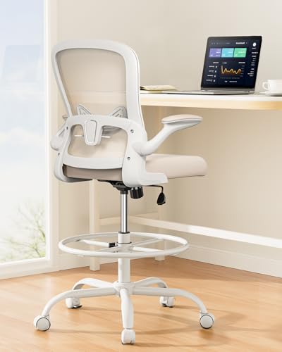 ErGear Drafting Chair,Tall Office Chair with Flip-Up Armrests, High Desk Chair Adjustable Height and Adjustable Footrest Ring, Ergonomic Standing Desk Chair with Lumbar Support, Khaki - color: Khaki