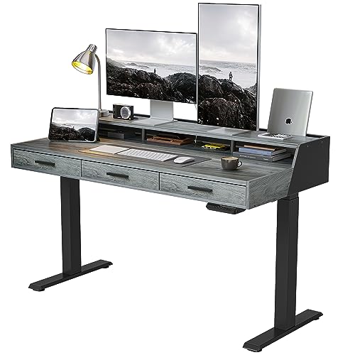 FEZIBO Electric Standing Desk 55x26 Inches with 3 Wood Drawers and Monitor Shelf, Height Adjustable Computer Desk, Ergonomic Rising Home Office Desks, Sit Stand Up Workstation Table, Rustic Grey