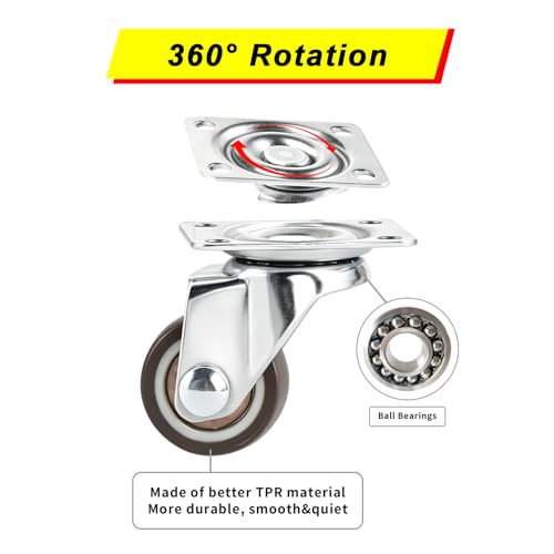 Small Caster Wheels 1 Inch Swivel Plate Castors 4pcs 360 Degree Rollable Low Profile Soft Rubber Wheel Replacement with Screw in Smooth and Quiet for Rolling Light Furniture Weight Under 100Lb