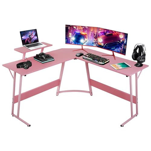 L-Shaped Gaming Desk, Computer Desk Corner Desks Gaming Table PC Table for Home Office Dorm Sturdy Writing Workstation - color: Pink