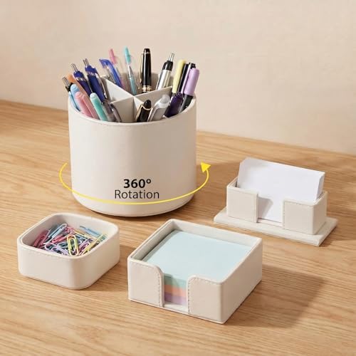 4 Pcs Rotating Leather Pen Holder for Desk Organizer Office Supplies Business Card Sticky Note Holder Paperclip Storage Desk Accessories Set for Teacher Back to School Gift(Beige) - color: Beige