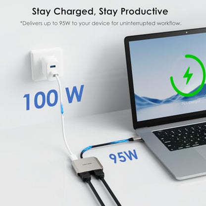 USB C to Dual HDMI Adapter, WAVLINK Dual Monitor Splitter, Dual 4K@60Hz HDMI, 95W PD, Compatible with Dell XPS/HP/Lenovo/Surface/Type C Laptop/Windows System Only
