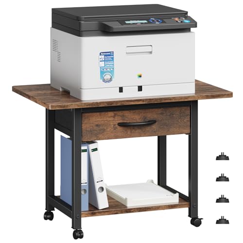 YAOHUOO 22"x15" Large Printer Stand with Drawer, 2-Tier Rolling Table Cart - color: Rustic Brown, size: 2-Tier