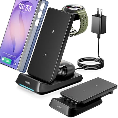 KPON 3 in 1 Charging Station for Samsung, Wireless Charger for Thick Cases, Foldable Phone and Watch Charger Stand for Galaxy S26/S25/S25 Ultra/S24/Z Fold/Android Devices, Galaxy Watch and Earbuds
