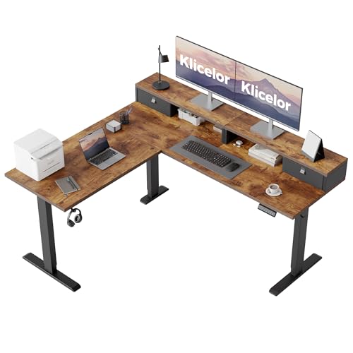 Klicelor L Shaped Electric Standing Desk 63 x 55.1 inch with Shelf, Height Adjustable Corner Desk, Sit Stand Desk with Storage Shelf, Home Office Computer Table, Rustic Brown - color: Rustic Brown, size: 63 x 55 Inch with Storage
