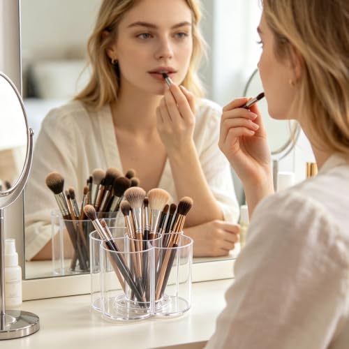 Acrylic Makeup Brush Holder, Clear Rotating Makeup Brush Holder Organizer, 5 Slot Make up Brush Stand for Vanity Desk Countertop Bathroom (Flower) - size: Flower- 6in