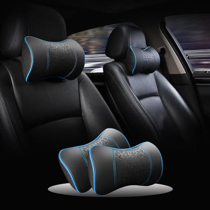 HAOTULE Car Leather Neck Pillows, Neck Rest Cushions,100% Memory Foam Cervical Support, Comfortable Travel car Seats and Home Office Soft Pillows, Blue a Set (2 pcs - color: Black-blue