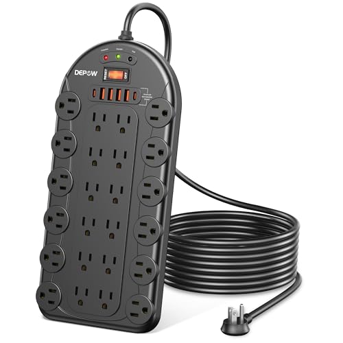 24 Outlet Surge Protector Power Strip with 6 USB,8FT Cord for Gaming,3400J | 1875W/15A, ETL Listed, Multi Oulets,Wide Spaced for Bulky Plugs, Flat Plug, Mountable, Heavy Duty, Black, for Home Office - size: 8 FT