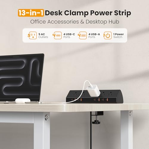 VILONG Desk Clamp Power Strip USB C 65W,Edge Mount Outlet,6FT,Black - color: Black