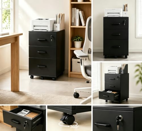 Lockable 3-Drawer Mobile Filing Cabinet with Wheels, Heavy-Duty Vertical Under Desk Storage & Printer Stand, Compatible with A4, Letter, Legal Size Hanging Files Home Office Use (Black) - color: Black