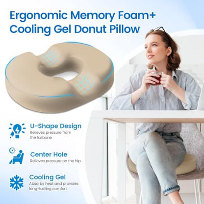 Donut Pillow Seat Cushion, Cooling Gel Memory Foam Chair Cushion, Khaki - color: Khaki, size: Large