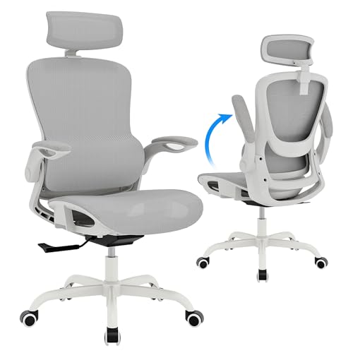 Ergonomic Mesh Office Chair- White Desk Chair, Flip-Up Armrest, Adjustable Headrest, Tilting with Soft Seat and PU Wheel, Elite Home Desk Chair for Work, Study, Gaming (GY1108) - color: White Mesh