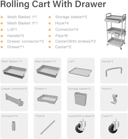 Sorgion 3 Tier Rolling Cart Organizer,Laundry Room Bathroom Organizers and Storage Office Shelves Mobile Shelving Unit Kitchen Trolley Cart with Wheels for Art,Craft,Diaper,Bedside,Snack(Grey) - size: 3Tier-Grey