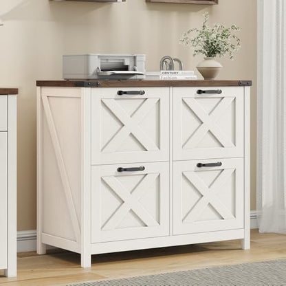 Halitaa Farmhouse Lateral File Cabinet with 4 Drawers, White and Brown - color: Rustic White and Brown, size: 4 Drawers