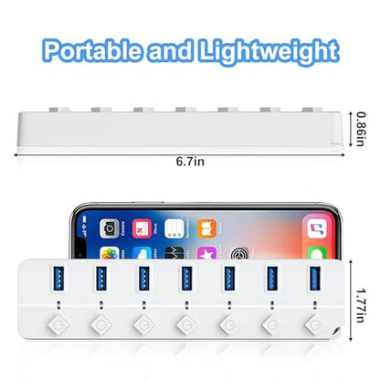 USB Hub 7 Port, USB Splitter with Individual On/Off Switches and Lights - color: White