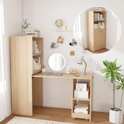 Light Wood Small Folding Desk with Storage Shelves & Bookcase(Natural.) | Expandable Hidden Computer Desk, Space-Saving Pull Out Murphy Table, Writing Table with Wheels for Home Office Bedroom - color: Natural Wood.