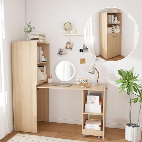 Light Wood Small Folding Desk with Storage Shelves & Bookcase(Natural.) | Expandable Hidden Computer Desk, Space-Saving Pull Out Murphy Table, Writing Table with Wheels for Home Office Bedroom - color: Natural Wood.