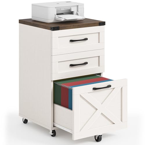 Halitaa Farmhouse 3 Drawer Small File Cabinet with Wheels, Rustic White - color: Rustic White and Brown