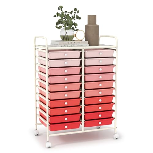 LDAILY Rolling Cart with Drawers, Classroom Storage for Teacher,Pink - color: Gradient Pink, size: 20 Drawer