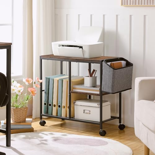 MAHANCRIS Printer Stand with Storage Bag, 3-Tier Mobile Under Desk Printer Cart with Wheels, Wood Rolling Printer Table, Organizer Shelf for Study, Office, Living Room, Rustic Brown PTHR2201 - color: Rustic Brown