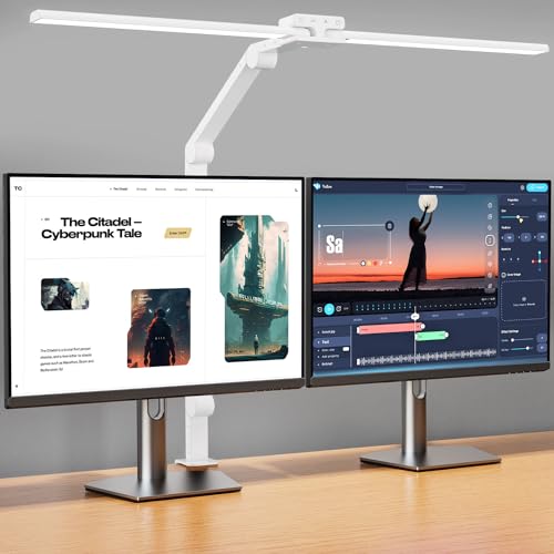 Desk Lamp,Double Head Desk Lamp with Clamp,24W Led Desk Lights for Home Office Ultra Bright Architect Table Lamp 4 Brightness 4 Color,Auto Dimming Task Lamp for Monitor Work Study White