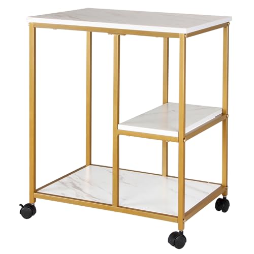 DlandHome Printer Stand with Locking Wheels, 3-Tier Shelf Printer Cart for Home Office Storage and Organization, Rolling Kitchen Utility Storage Cart, White & Golden