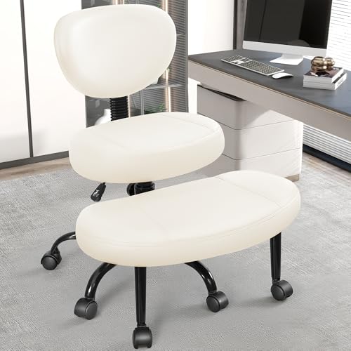 Criss Cross Office Chair - ADHD Cross Legged Chair with Wheels - Adjustable Height Ergonomic Kneeling Desk Chairs for Meditation Yoga Home Office with Backrest, 360°Rotating Footrest -White