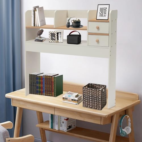 Desk Shelf 3 Tier Multipurpose Desktop Bookshelf with 2 Drawers Desktop Storage Organizer Desk Display Rack for Study Rooms Offices Bedrooms