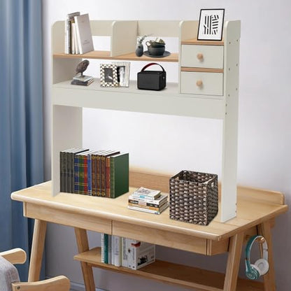 Desk Shelf 3 Tier Multipurpose Desktop Bookshelf with 2 Drawers Desktop Storage Organizer Desk Display Rack for Study Rooms Offices Bedrooms
