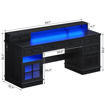 BTHFST 59.1" Executive Desk with File Drawer, Charging Station, Black - color: Black
