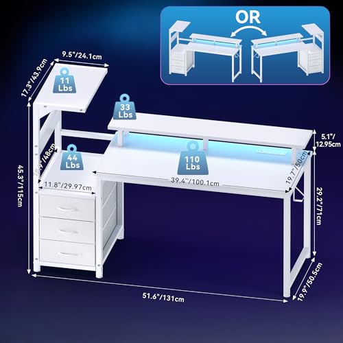52" Reversible Gaming Desk with LED Lights Power Outlets, White | Computer Desk with Drawers Can be Used to Store Odds and Handles, Elevated PC Stand To Help You Showcase Your DIY Cases. - color: White, size: 53 In