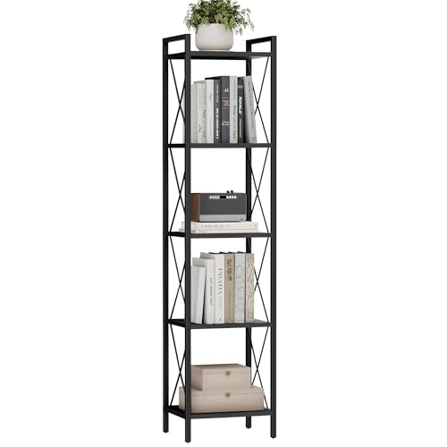 Homhedy 5 Tier Small Bookshelf, Tall Narrow Bookcase, Metal Book Shelf | Industrial Style for Small Spaces, Home, Office, Living Room, Kitchen, Bedroom , 10.4" D x 13" W x 55.1" H, Black - color: Black, size: 10.4"D x 13"W x 55.1"H