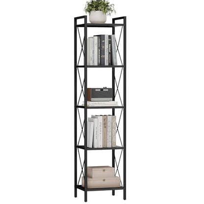 Homhedy 5 Tier Small Bookshelf, Tall Narrow Bookcase, Metal Book Shelf | Industrial Style for Small Spaces, Home, Office, Living Room, Kitchen, Bedroom , 10.4" D x 13" W x 55.1" H, Black - color: Black, size: 10.4"D x 13"W x 55.1"H