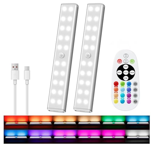 Under Cabinet Light Wireless with Remote, 15 Color RGB Magnetic Led Light Bar, 48-LED Rechargeable Closet Lights, 3 Timer & 4 Modes, Stick on Lights for Kitchen, Pantry, Bedroom, Stairs