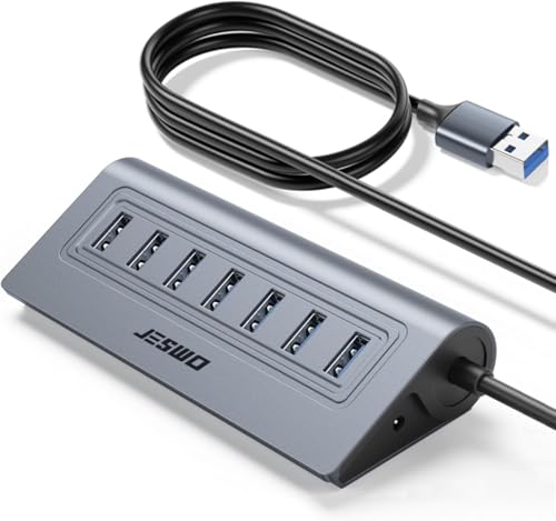 JESWO 7-Port Aluminum Powered USB 3.0 Hub with 3.3Ft Cable - color: Grey
