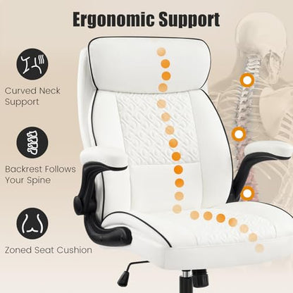 White Office Chair 400lbs, Modern Executive Desk Chair with Lumbar Support, Comfortable Computer Chair with Flip-up Armrests, Adjustable Height Swivel Reclining Chair for Home Office, Faux Leather - color: White-large