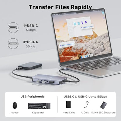 UANTIN Laptop Docking Station 3 Monitors, 8-in-1 USB C Dock with 2 HDMI, DP | USB C Docking Station Dual Monitor with 4K@60Hz HDMI, DisplayPort, USB A & C, 100W PD, USB C Hub Dongle for Dell,HP,Lenovo - size: 11.8inch
