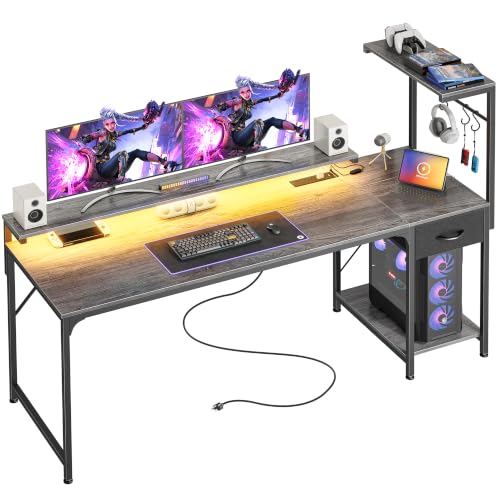 PRAISUN 63 Inch Gaming Desk with LED Lights & Power Outlets - color: Grey, size: 63 Inch