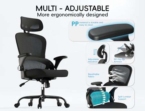 TRALT Office Chair - Ergonomic Desk Chair with Headrest Support for Adults | Home Office Desk Chair with Lumbar Support - Ergonomic Mesh Chairs 330 lb Wide Seat with Headrest, Comfy Desk Chair(Black) - color: Black